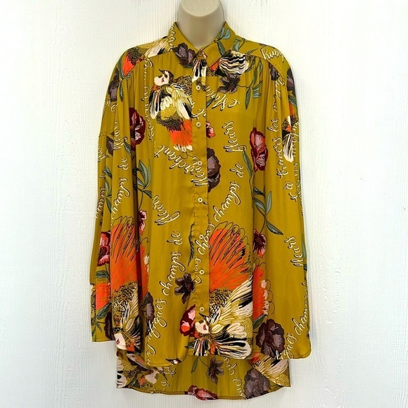 Free People - Silky Nights Floral And Birds Button Down Oversized Blouse Small - Picture 1 of 11